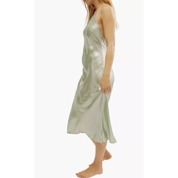 💕FREE PEOPLE💕 Sunset Shimmer Satin Midi Slipdress ~ Light Green Medium NWT - Picture 3 of 14